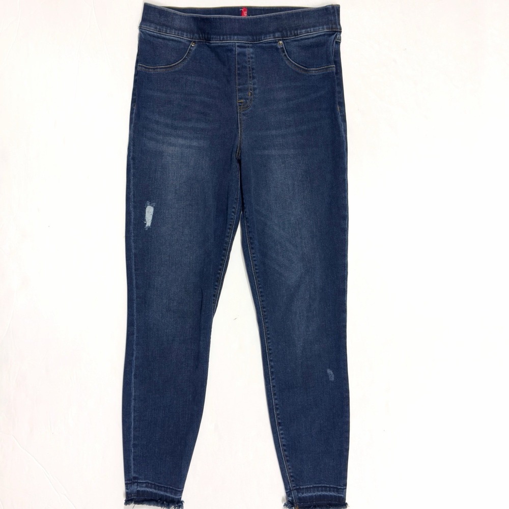 Spanx High Rise Pull On Pants Large Skinny Denim Jeans Dark Distressed Raw Hem